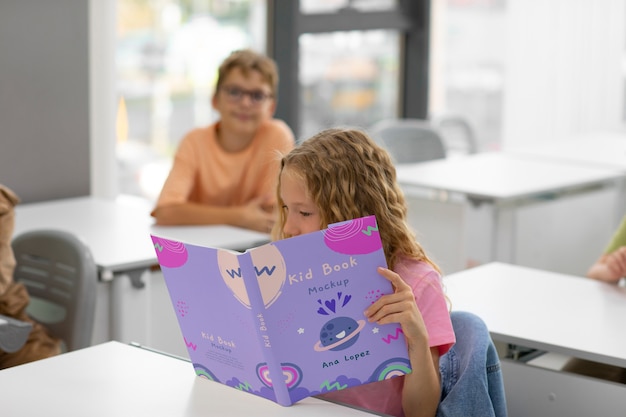 Kid with book mockup design