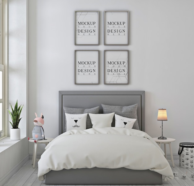 Kids bedroom with mockup poster frame