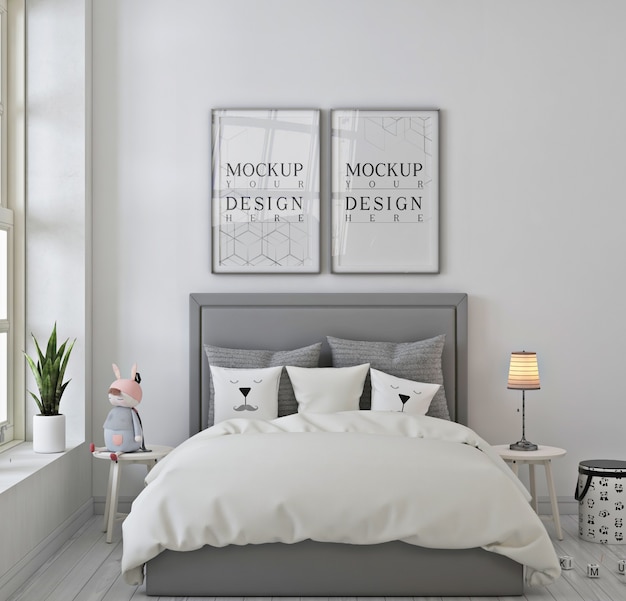 Kids bedroom with mockup poster frame