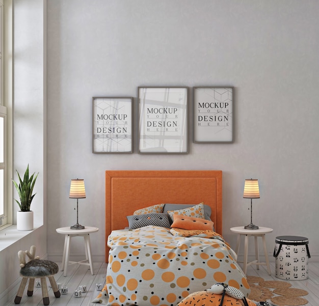 PSD kids bedroom with mockup poster frame