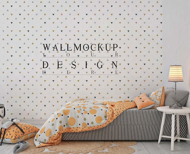 Kids bedroom with orange bed and wall mockup