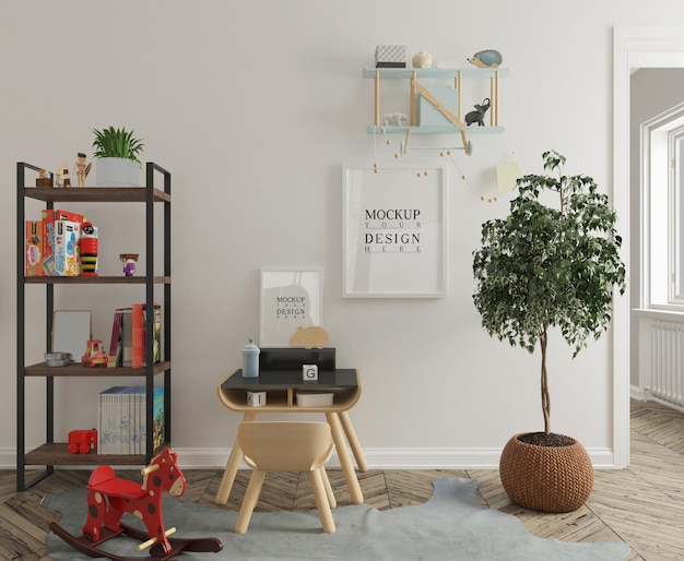 PSD kids bedroom with study table and poster frame mockup