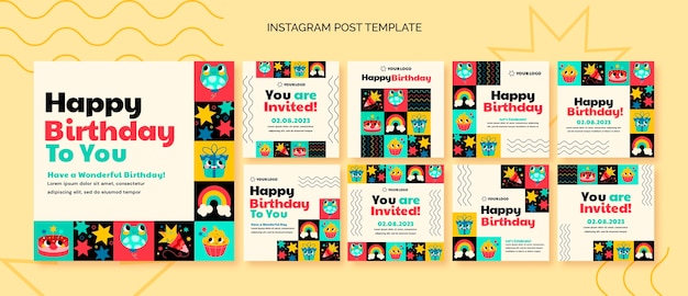 PSD Коллекция постов в instagram для празднования дня рождения детей