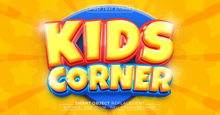 PSD kids corner glossy editable 3d style text effect