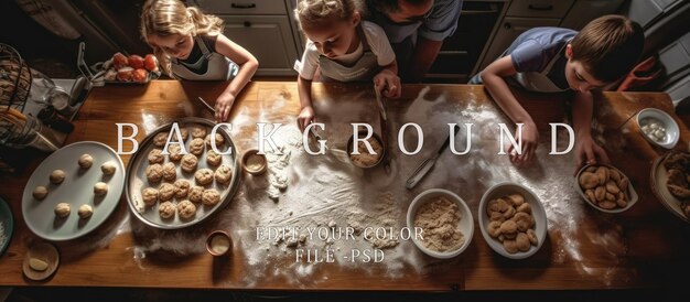 PSD kids and dad rolling cookie dough on kitchen table birds eye