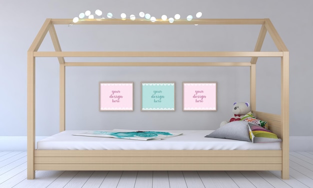 Kids furniture with toy and frame mockup