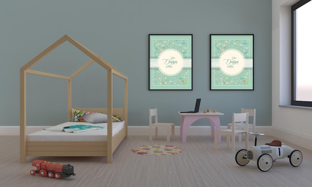 Kids furniture with toy and frame mockup