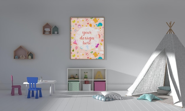 Kids furniture with toy and frame mockup