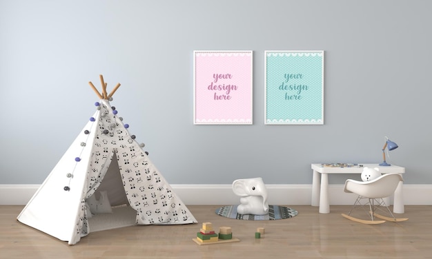 Kids furniture with toy and frame mockup