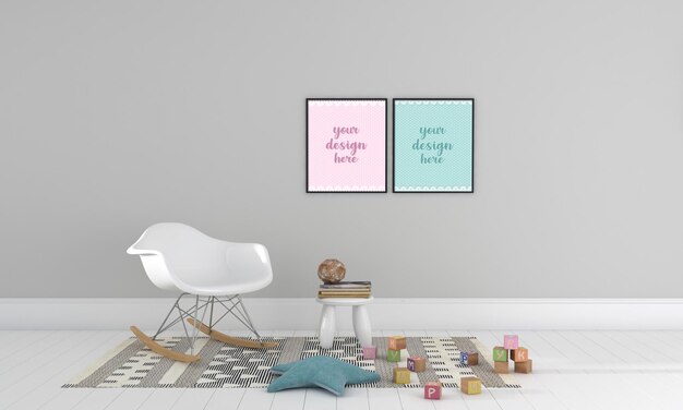 Kids furniture with toy and frame mockup