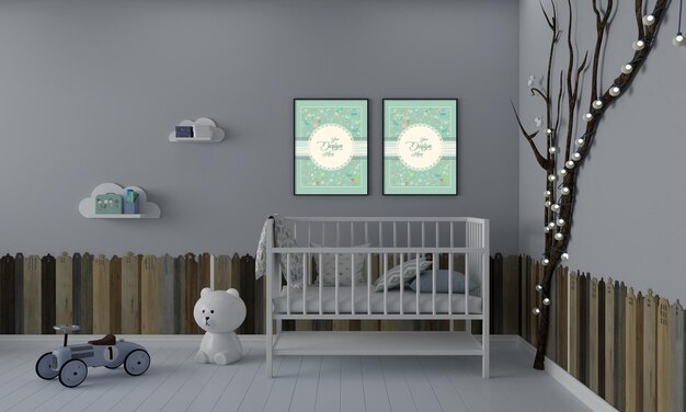 Kids furniture with toy and frame mockup