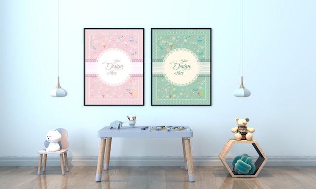 Kids furniture with toy and frame mockup