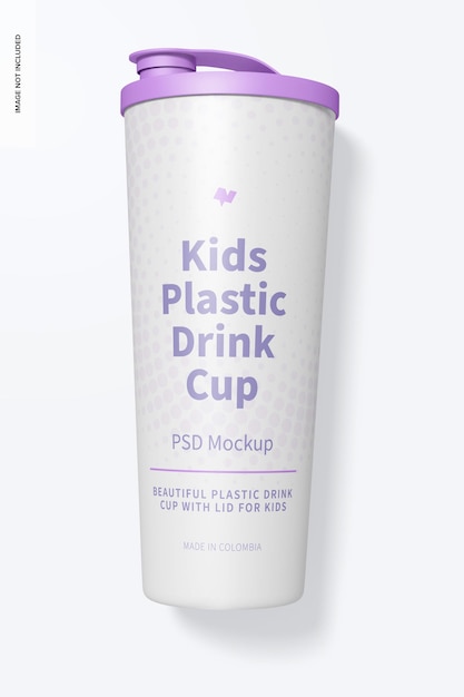 Kids plastic drink cup with lid mockup, top view