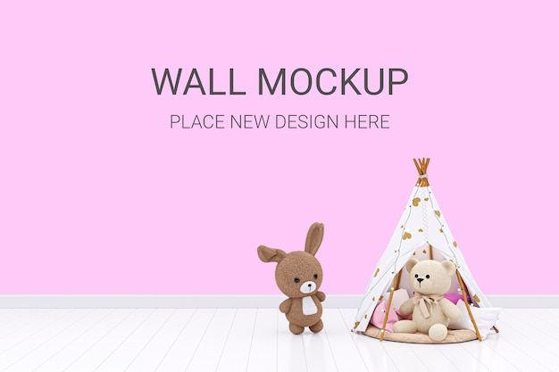 Illustrazione resa 3d del mockup della parete personalizzabile della stanza dei giochi dei bambini