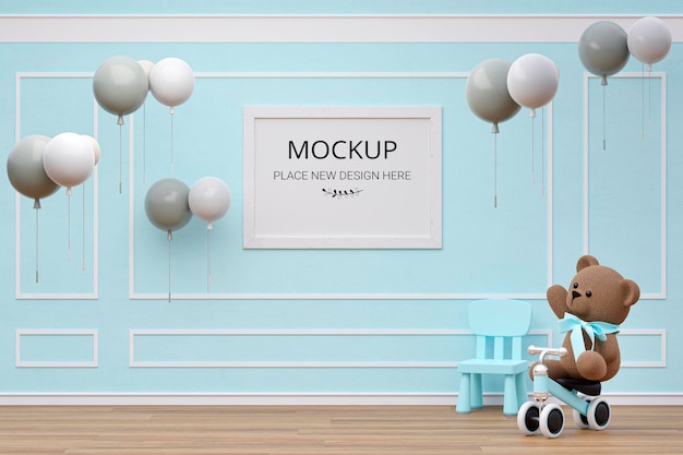 PSD kids playroom with stuffed toy animals and mockup picture frame 3d rendered illustration