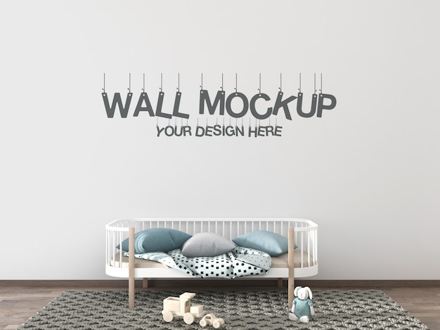 Mockup da parete per cameretta con letto, cuscini e giocattoli