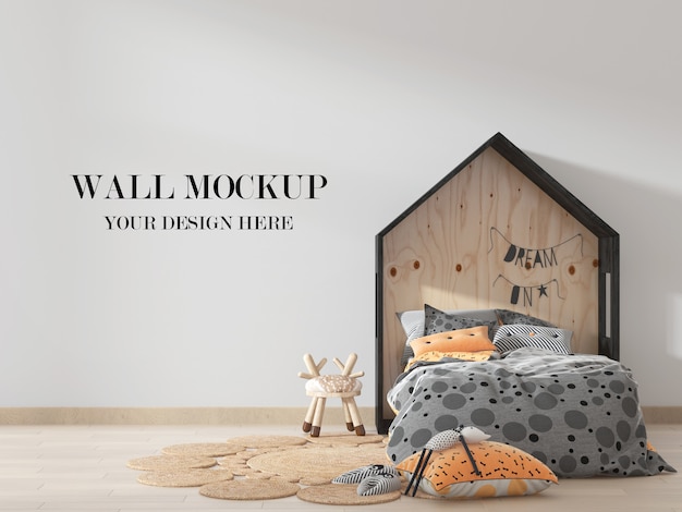 Kids room wall mockup with house shaped bed