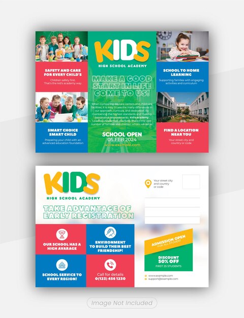 PSD admissione scolastica per bambini open postcard e direct mail modello eddm