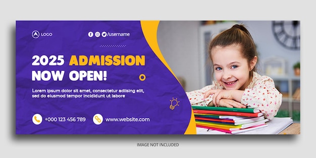 PSD ammissione all'istruzione scolastica per bambini modello di banner web per copertina di facebook