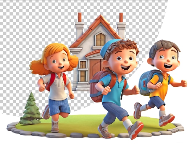 Kids student 3d cartoon characters run to school on transparent background