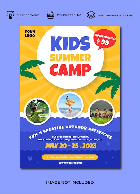 PSD kids summer camp flyer template and pamphlet poster unique and cute