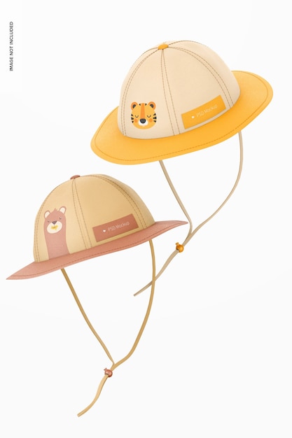 Mockup di cappelli da sole per bambini, fluttuanti