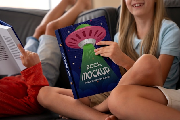 PSD kids with open book mockup