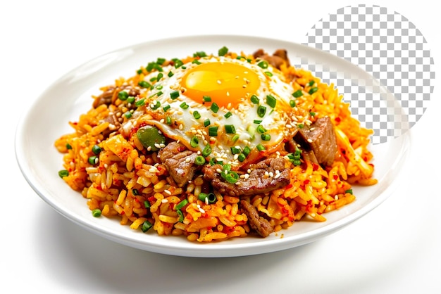 PSD kimchi fried rice with pork topped with cheese asian cuisine on transparent background
