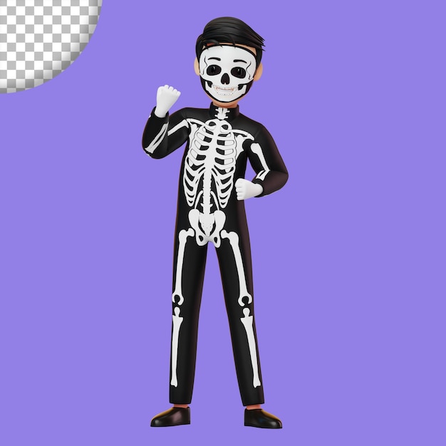 PSD kind in skeletkostuum dat zich voorbereidt op halloween-feest 3d-renderingillustratie