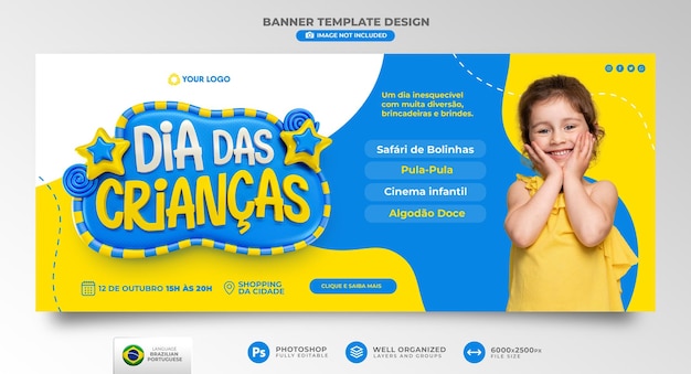 Kinderdagbanner in 3d-weergave voor marketingcampagne in brazilië in het portugees