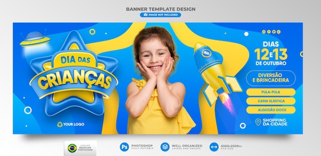 Kinderdagbanner in 3d-weergave voor marketingcampagne in brazilië in het portugees