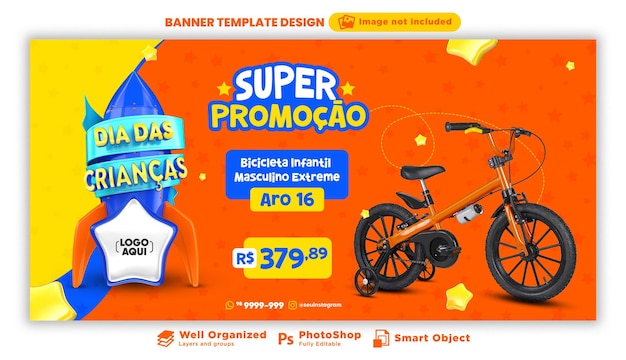 Kinderdagbanner in 3D-weergave voor marketingcampagne in Brazilië in het Portugees