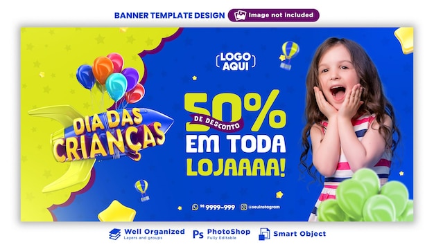 Kinderdagbanner in 3D-weergave voor marketingcampagne in Brazilië in het Portugees