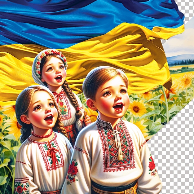 PSD kinderen zingen het volkslied vlaggen van oekraïne veld van zonnebloemen geïsoleerde achtergrond