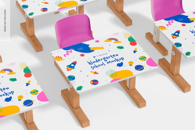 Kindergarten table and chair mockup high angle view