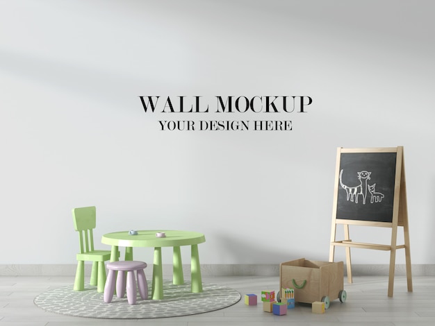 Mockup di muro di scuola materna, scena decorata con lavagna e mobili per bambini