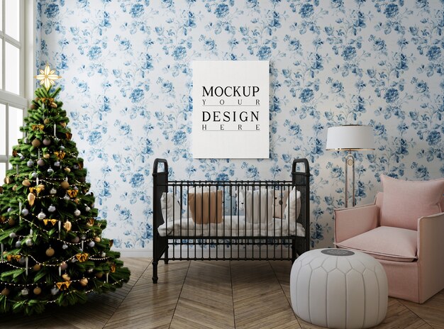 Kinderkamer met mockup posterframe en kerstboom