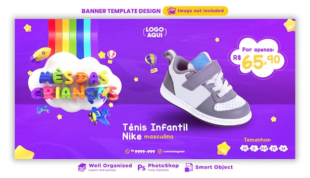 Kindermaandbanner in 3D-weergave voor marketingcampagne in Brazilië in het Portugees
