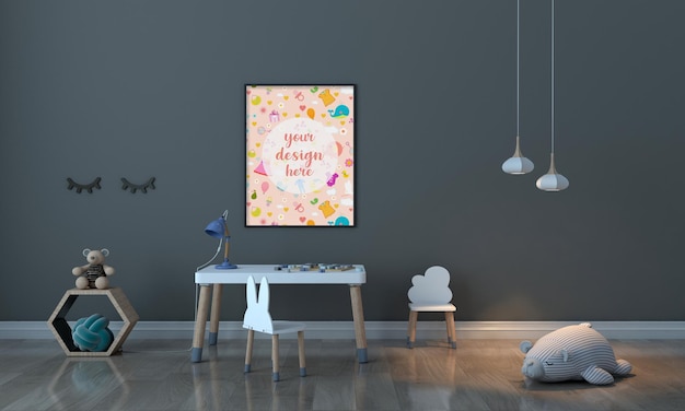 Kindermeubilair met speelgoed en frame mockup