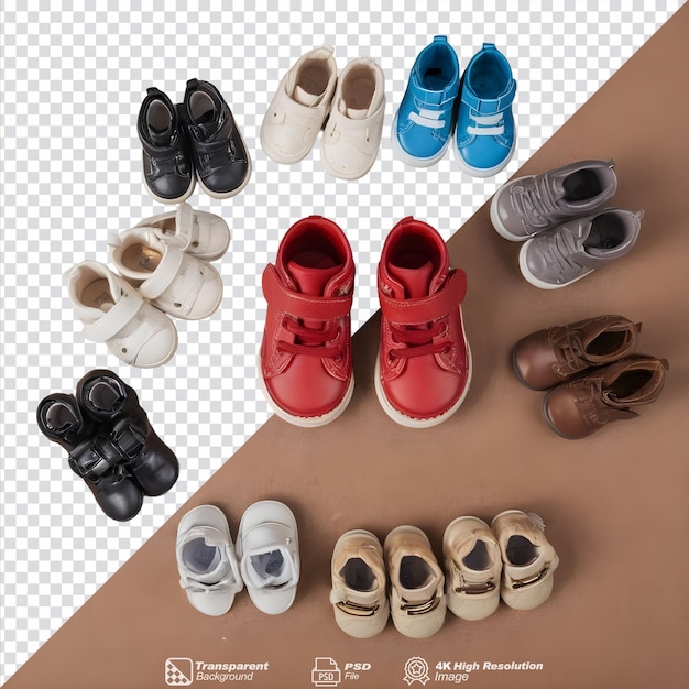 PSD kinderschoenen gefotografeerd op een doorzichtige achtergrond, met inbegrip van baby schoenen en laarzen geïsoleerd.