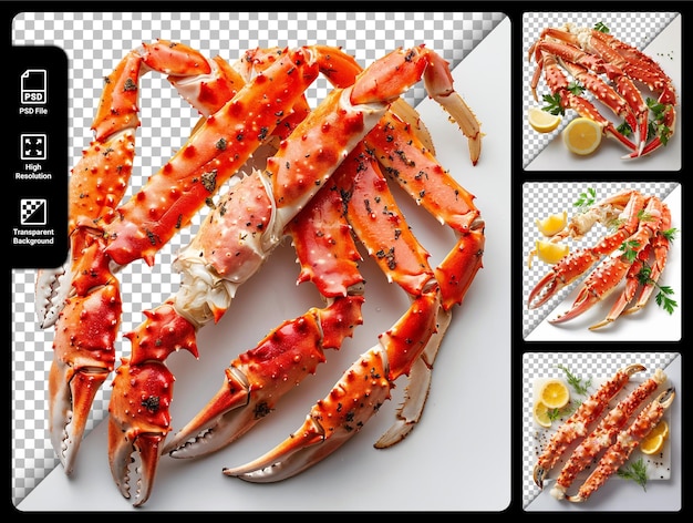 PSD king crab legs arranged on transparent background