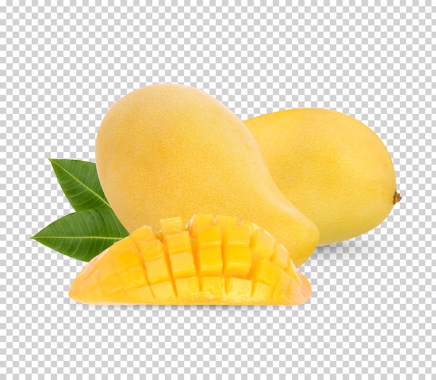 PSD king of fruits, mango fruit and sliced with leaves isolated