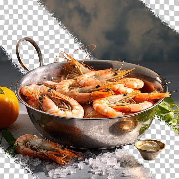 PSD king prawns and regular shrimps in a steel sieve on a transparent background