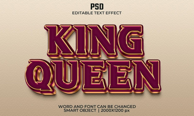 PSD king queen 3d bewerkbaar teksteffect premium psd met achtergrond