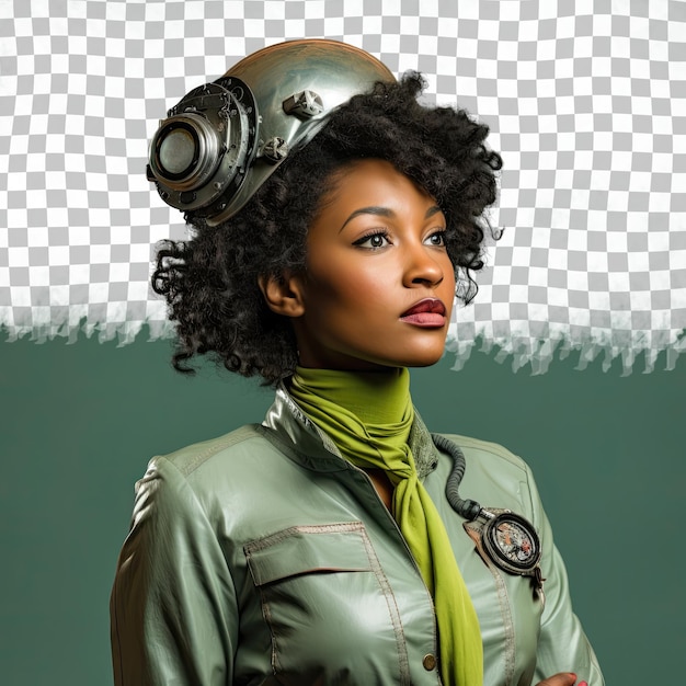 PSD エンジニアの服装を着たキンキーヘアのアフリカ人女性 悔しい若い成人がパステルグリーンな背景で劇的なプロフィールショットで強さを発揮しています
