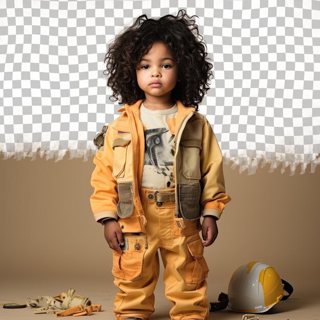 PSD kinky haired asian toddler gratitude in construction wear posed with flair on pastel cream