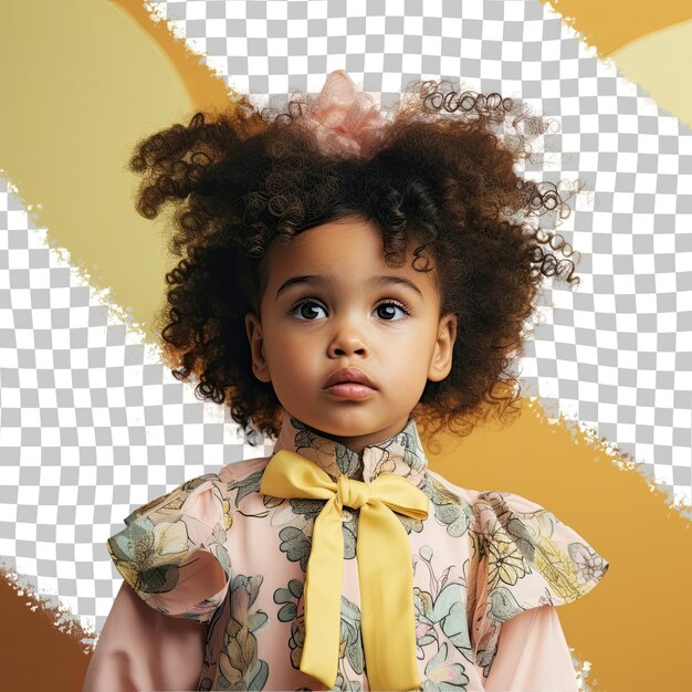 PSD kinky haired asian toddler woman dramatic pose of an interior designer in pastel lemon setting