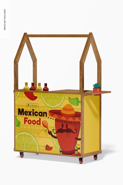 PSD kiosk wood food car mockup, perspectiefweergave