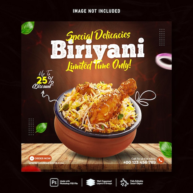 Kip biryani eten social media banner postsjabloon