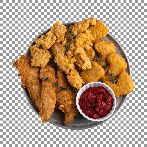 Kipnuggets strips op een bord met saus op transparante achtergrond